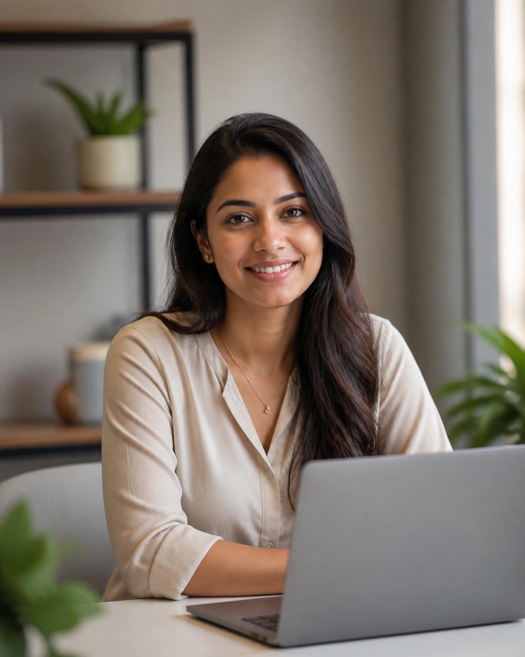 A warm, approachable Indian professional woman at a modern desk ready to help NRI Land Check customers