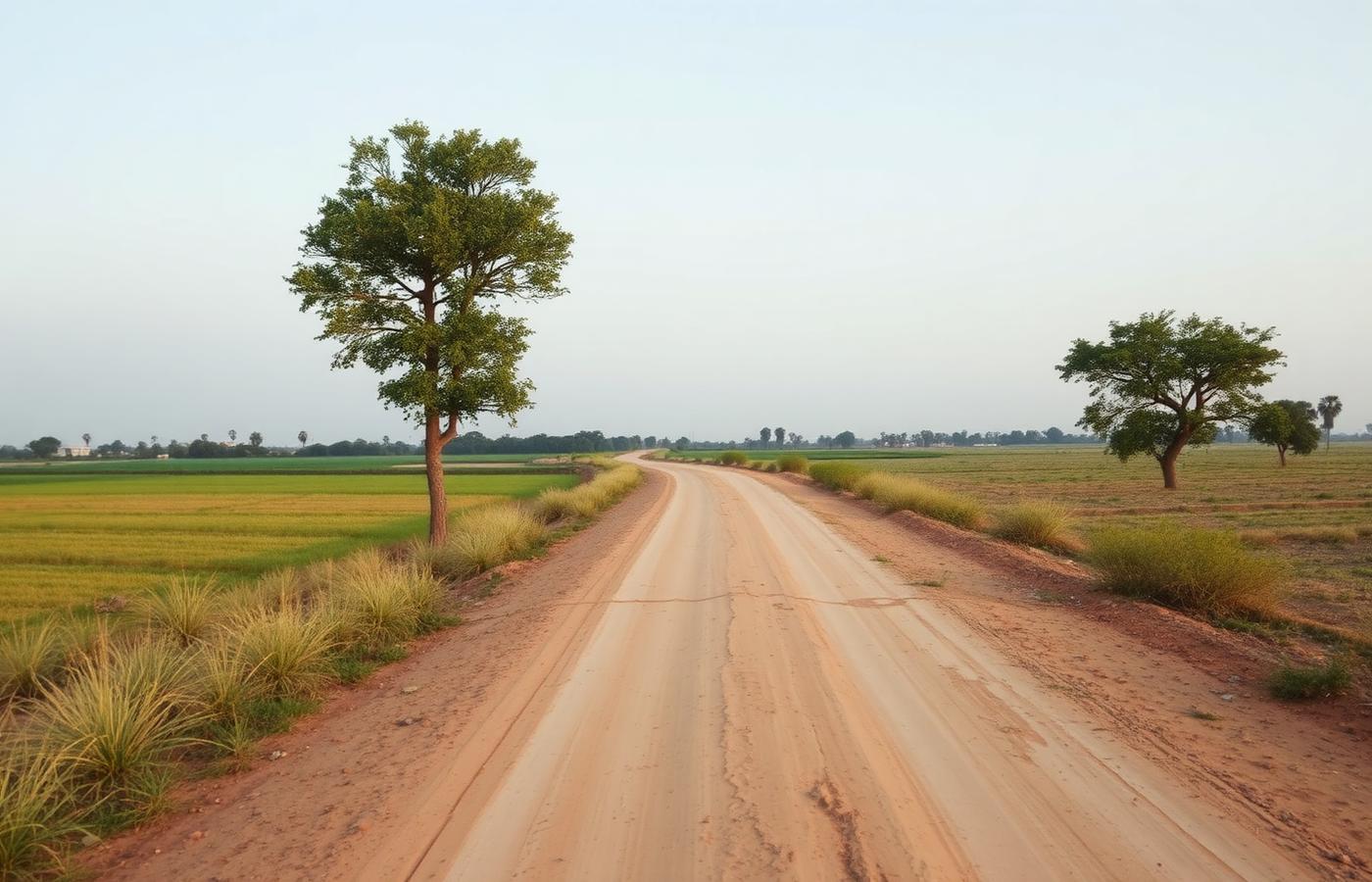 A narrow rural approach road leading to open land in India