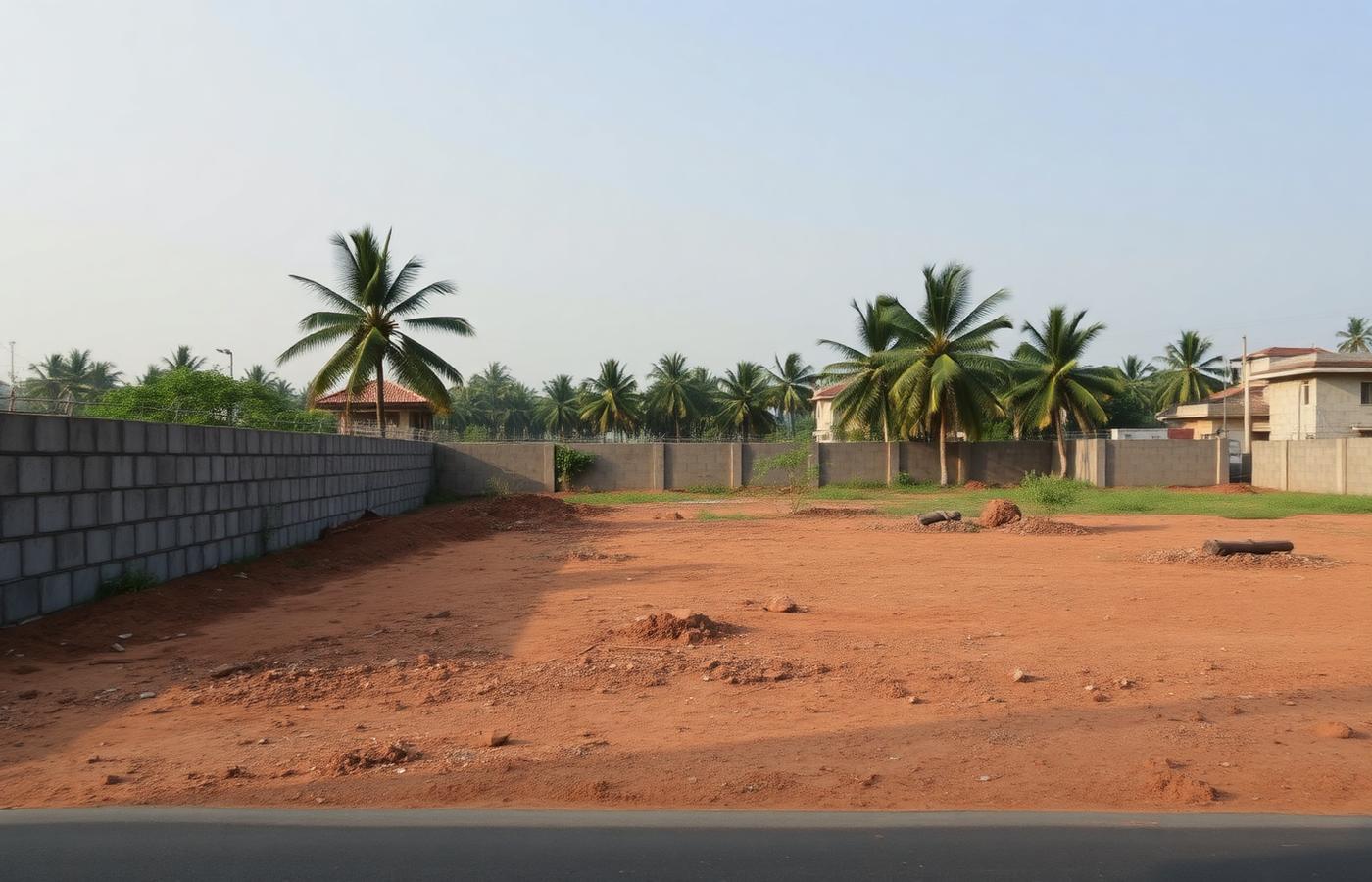 Vacant plot with a low grey stone boundary wall in a suburban Indian locality